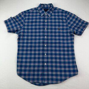Polo Ralph Lauren Shirt Mens Slim Fit Short Sleeve Blue Plaid Button Down